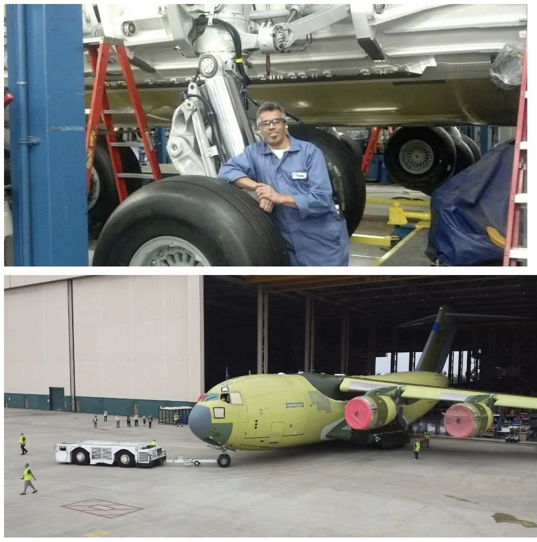 Composite image: Top - technician leaning against C-17 aircraft landing gear; Bottom - C-17 aircraft exiting the Long Beach manufacturing hangar
